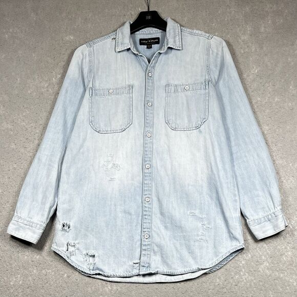 Lucky Brand Shirt Button Down Size XS Blue Utility Military Minimalist Neutral - Picture 1 of 13